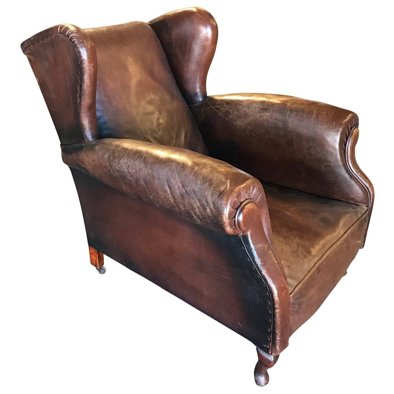 Mid-Century Vintage Wing Back Leather Club Armchair