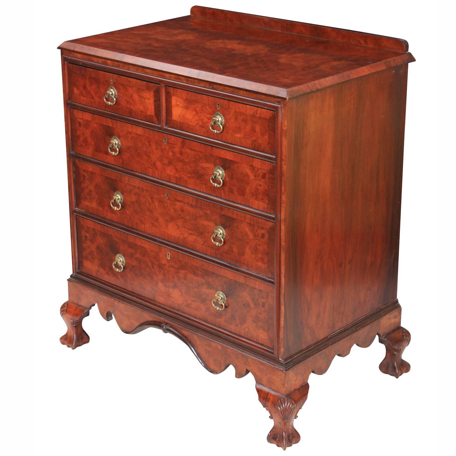 Burr Walnut Chippendale Style Chest of Drawers For Sale