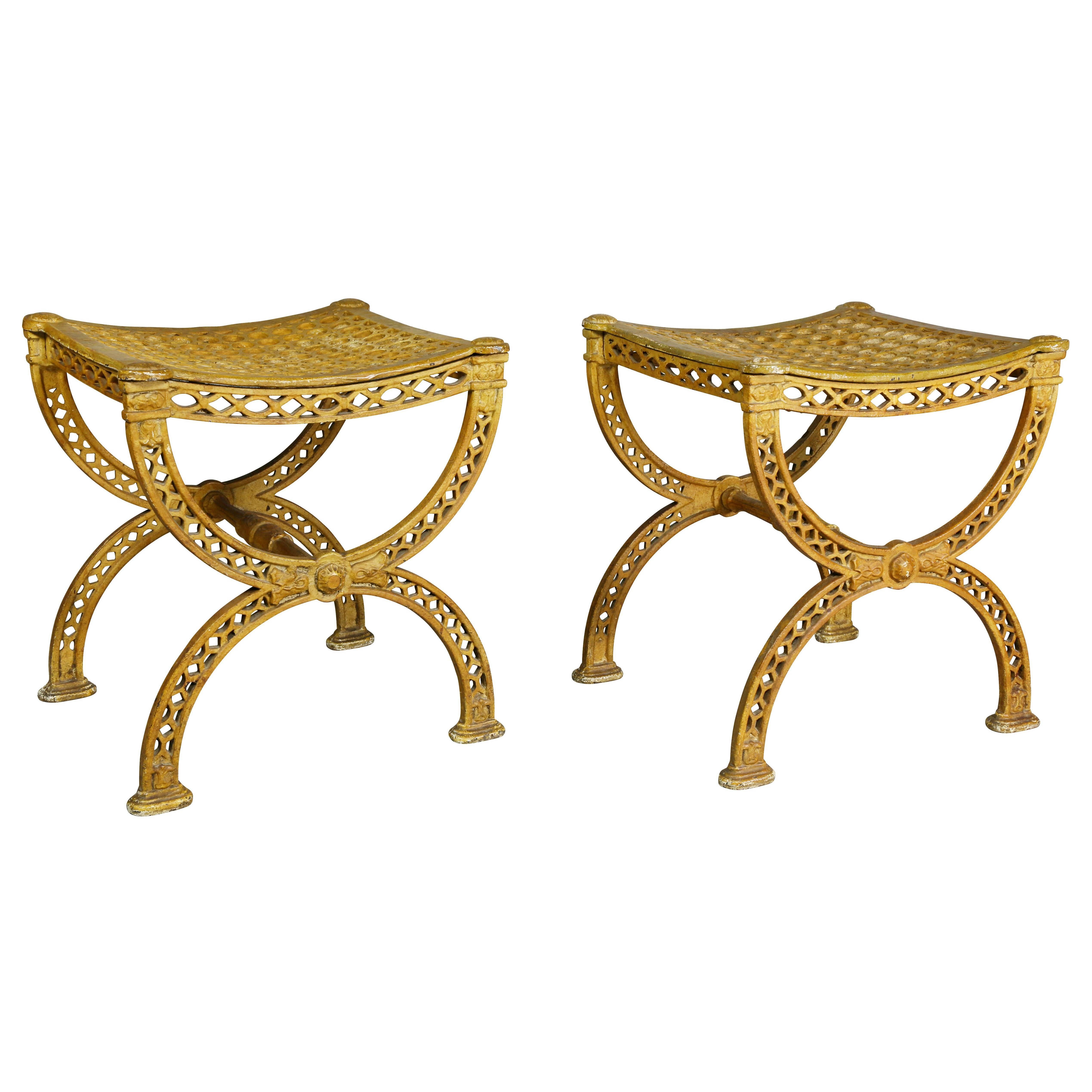 Pair of Neoclassic Yellow Painted Cast Iron Stools