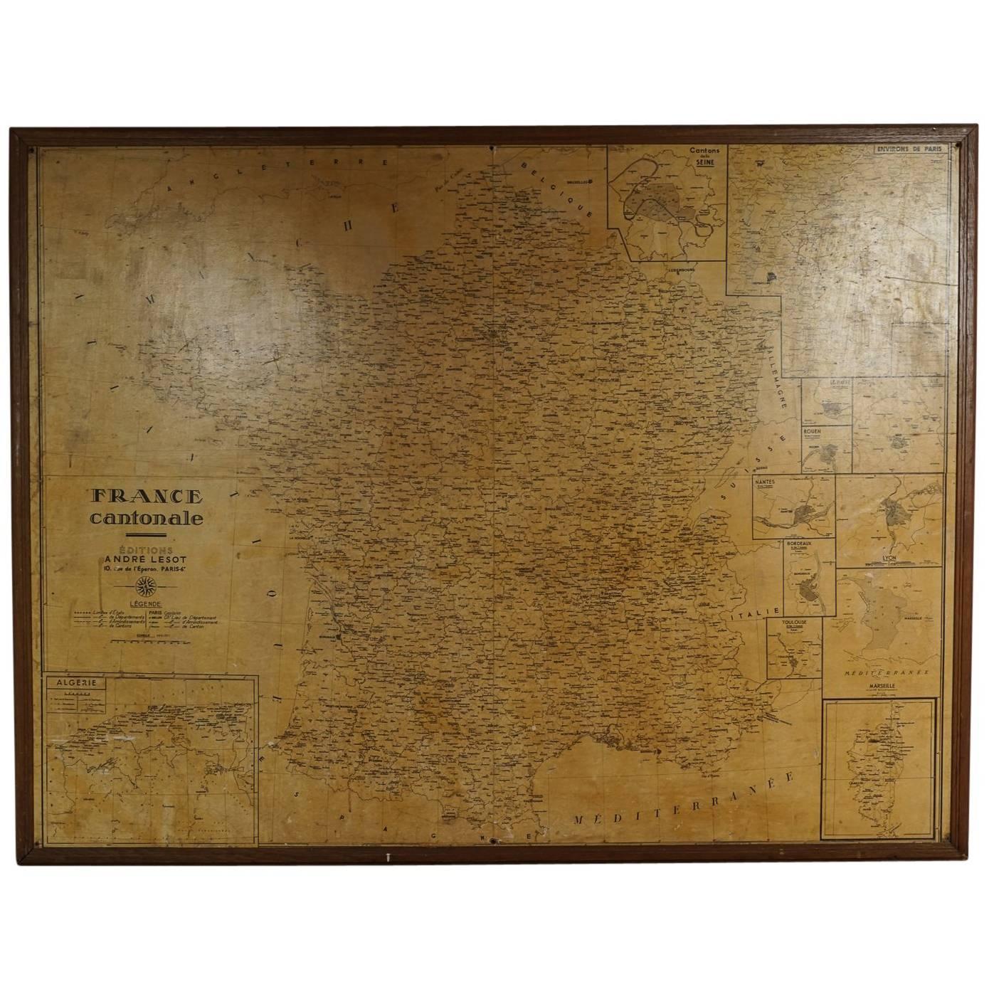 Large Framed School Map of France Drawn and Produced by Andre Lesot, Paris