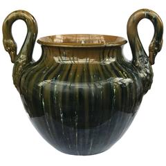 Antique 19th Century Massier Majolica Art Pottery Swans Jardiniere