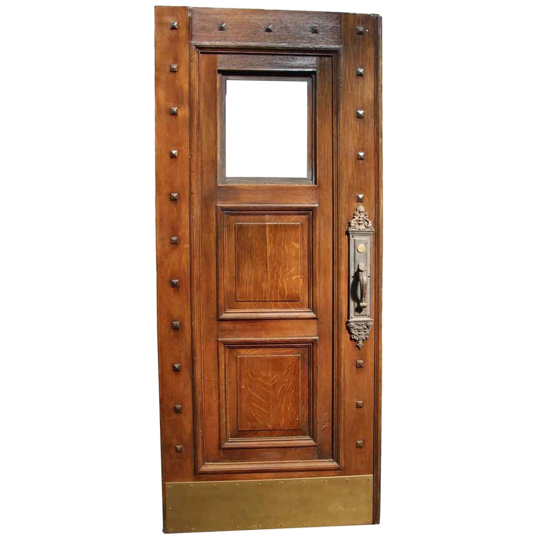 1880s Victorian Studded Wood Door with Window and Original Bronze Hardware
