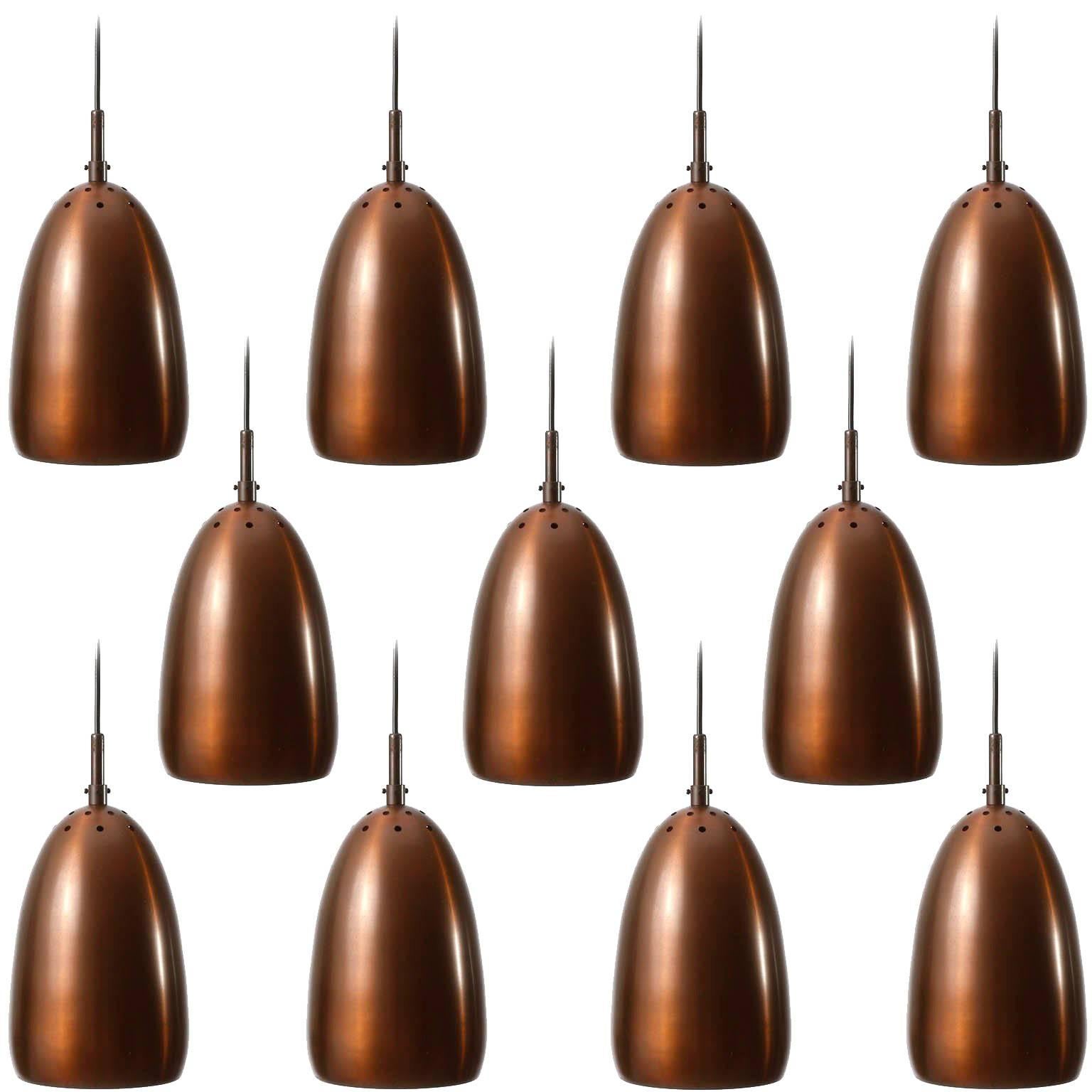 One of Six Mid-Century Modern Patinated Copper Pendant Lights, 1960
