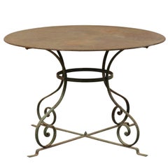 French Mid-20th Century Round Patio Dining Table with Scrolled Legs and Patina