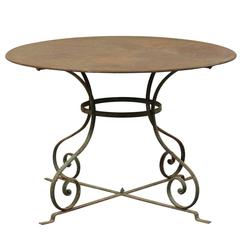 French Mid-20th Century Round Patio Dining Table with Scrolled Legs and Patina 3
