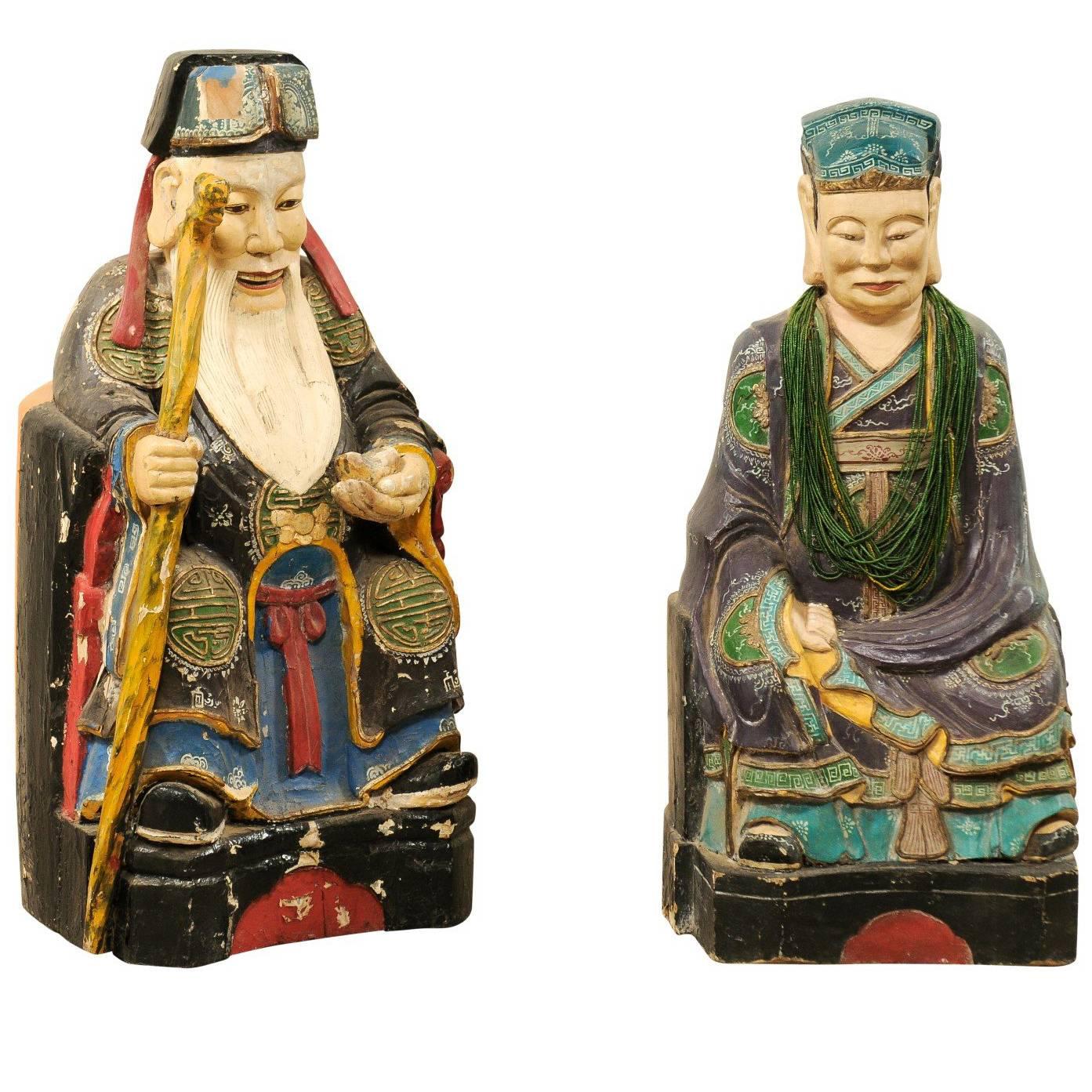 Pair of Early 20th Century Chinese Carved and Painted Wood Emperor Figures