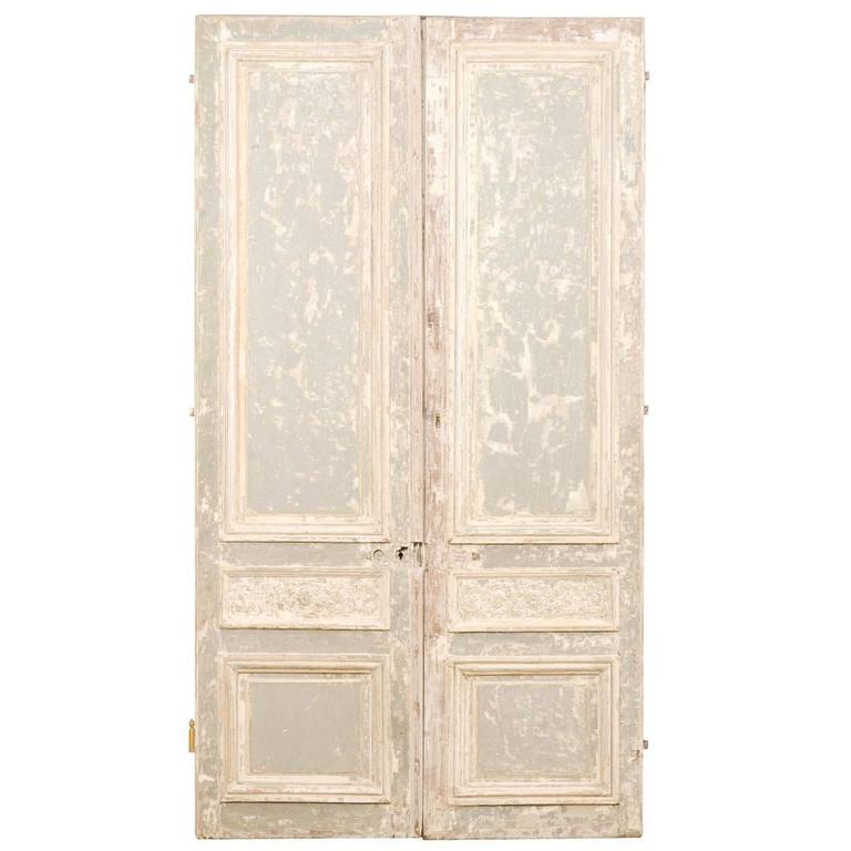 Pair of Tall French Doors with Scraped Paint Finish in Light Grey and