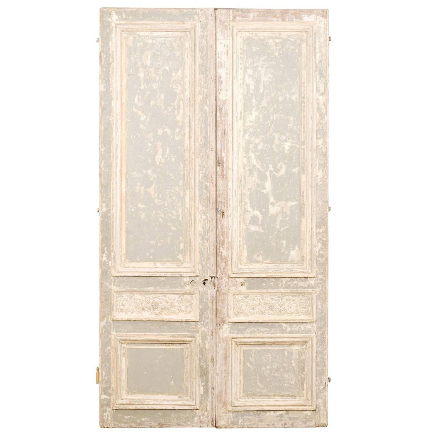 Pair of Tall French Doors with Scraped Paint Finish in Light Grey and Cream