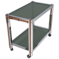 Tecno Style Chrome Bar Cart, Mahogany Insert Top Crystal Fumè Tempered Glass