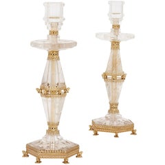 Pair of Silver Mounted 19th Century Renaissance Style Rock Crystal Candlesticks