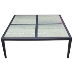 Modern Custom-Made Large Square Coffee Table with Emerald Green Marble Inserts