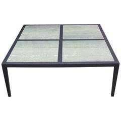 Modern Custom-Made Large Square Coffee Table with Emerald Green Marble Inserts 2