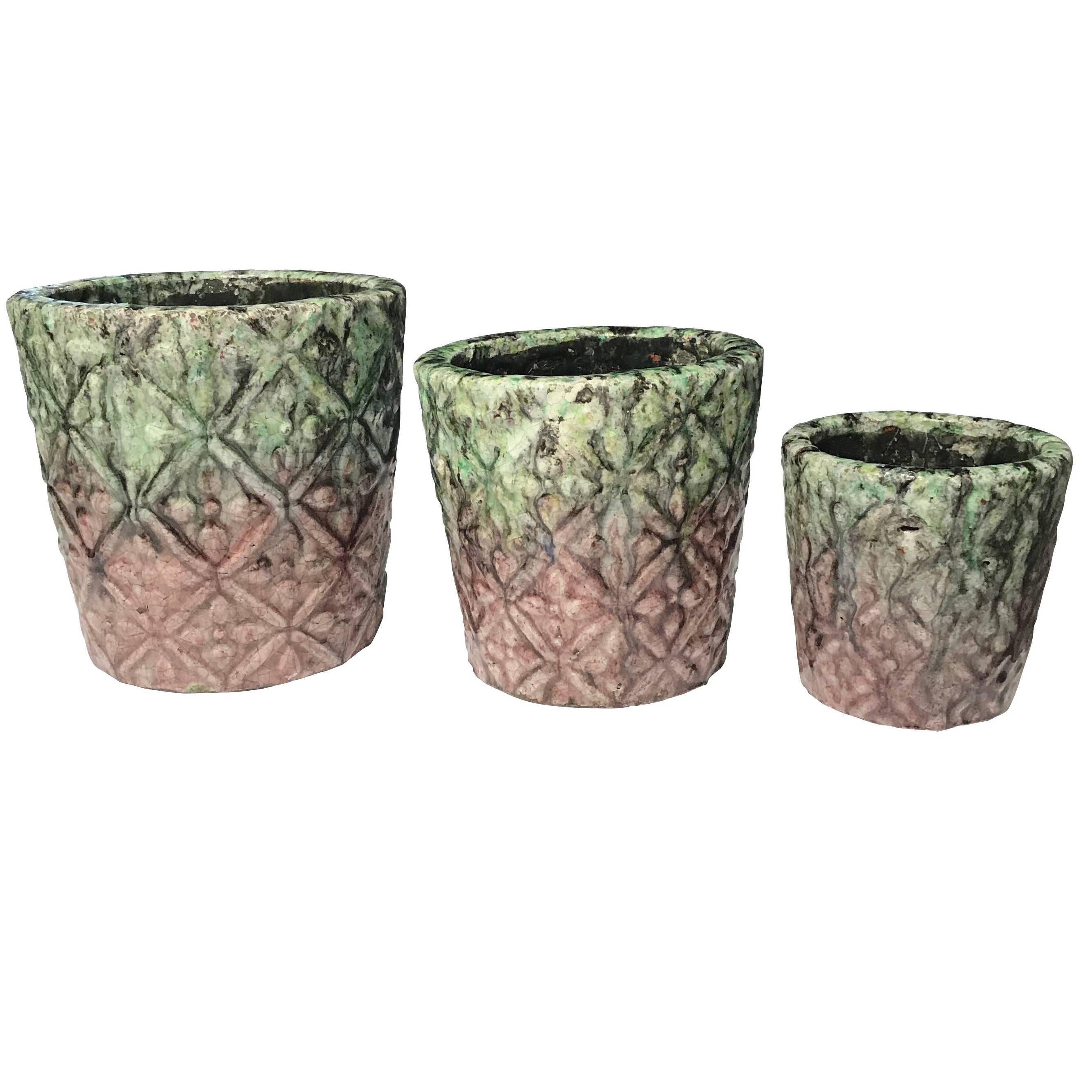 Set of Three Drip Design Textured Pots, Thailand, Contemporary