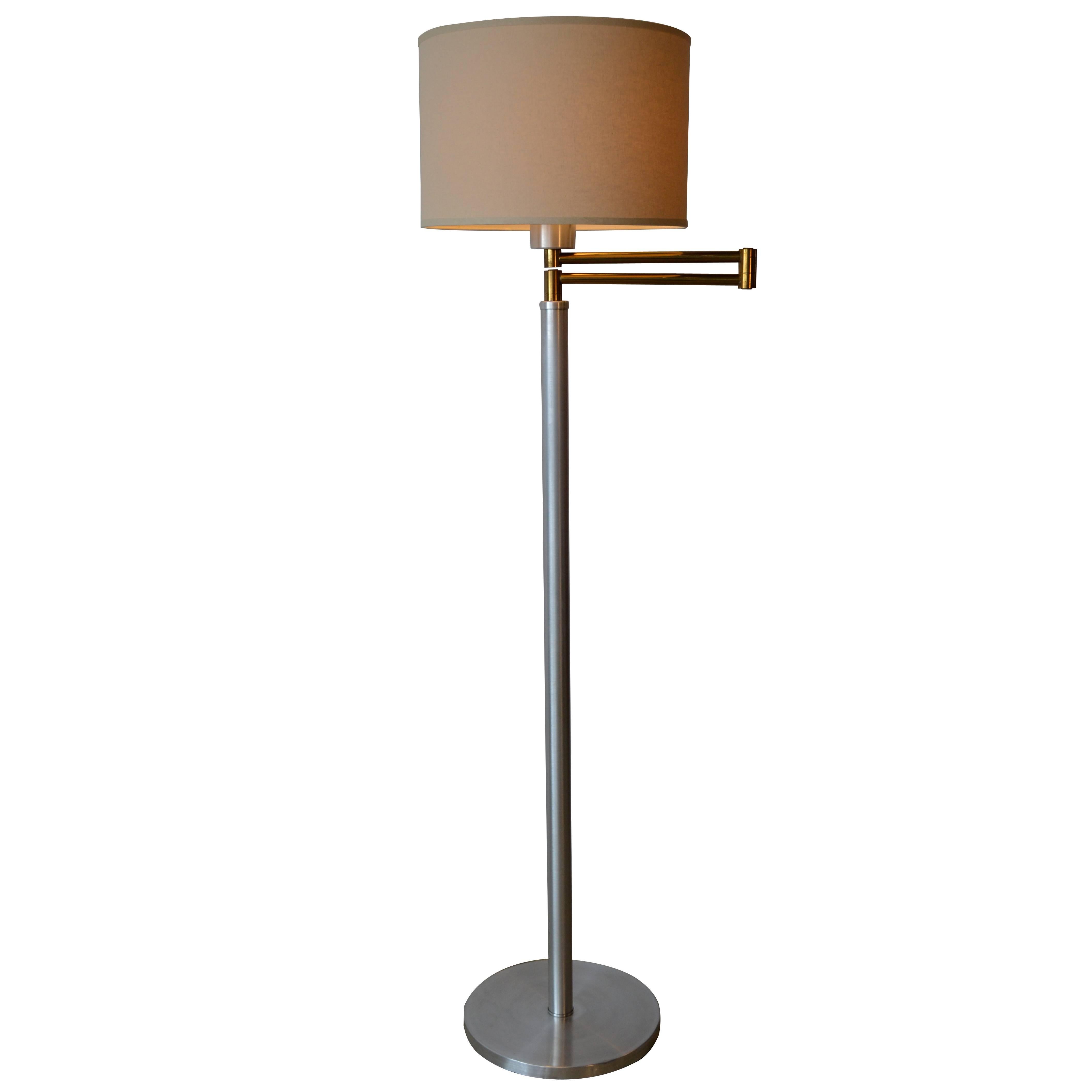 Walter Von Nessen Style Aluminum and Brass Swing Arm Floor Lamp
