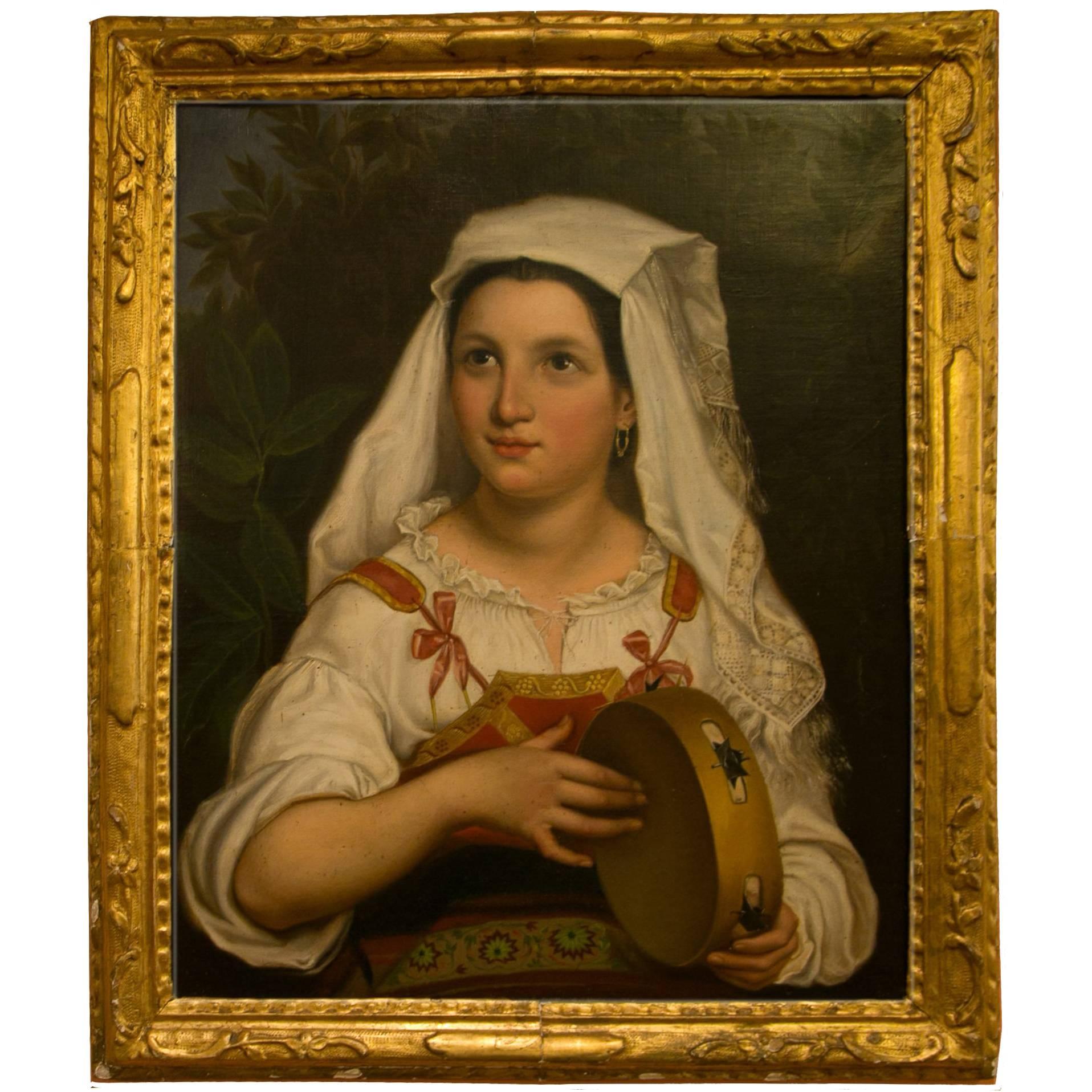 Enchanting Portrait of "Fanciulla con tamburello", Oil on Canvas, 1850s For Sale