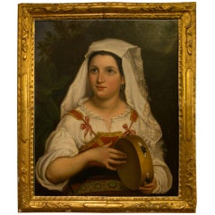 Enchanting Portrait of "Fanciulla con tamburello", Oil on Canvas, 1850s