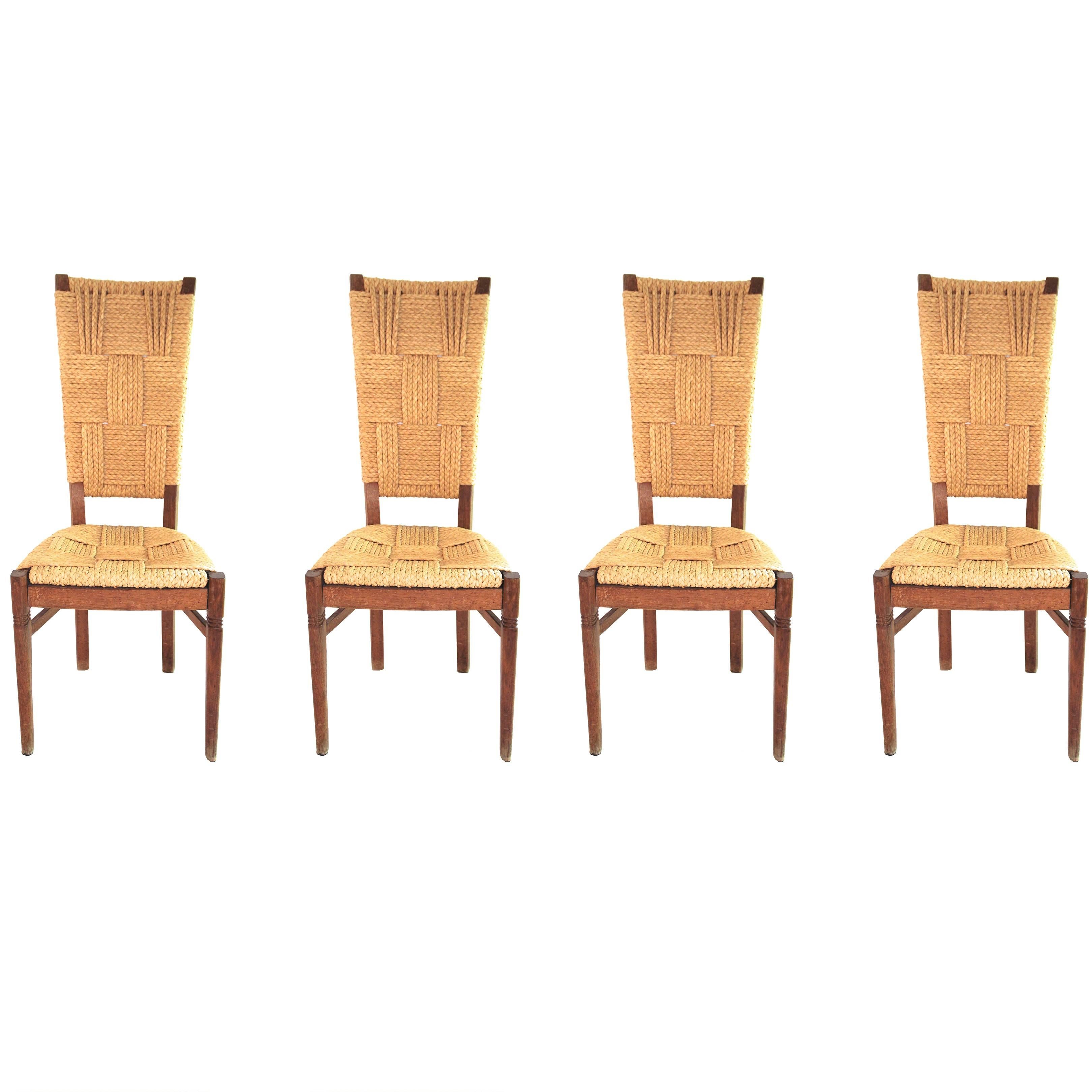 Audoux-Minet, Suite of Four Chairs, Rattan and Wood, circa 1970, France