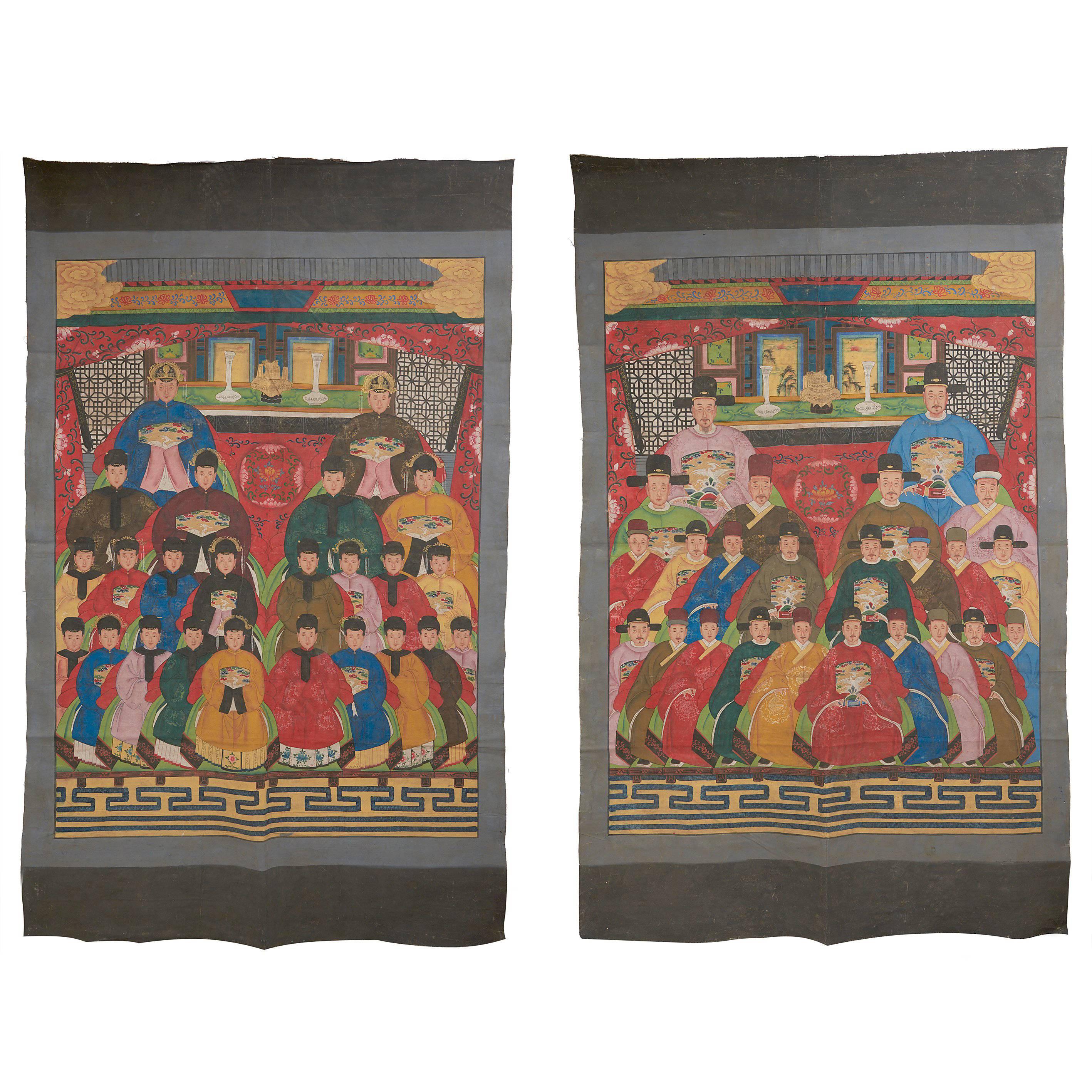 Pair of Chinese Ancestor Paintings, Shanxi Province, 19th Century For Sale