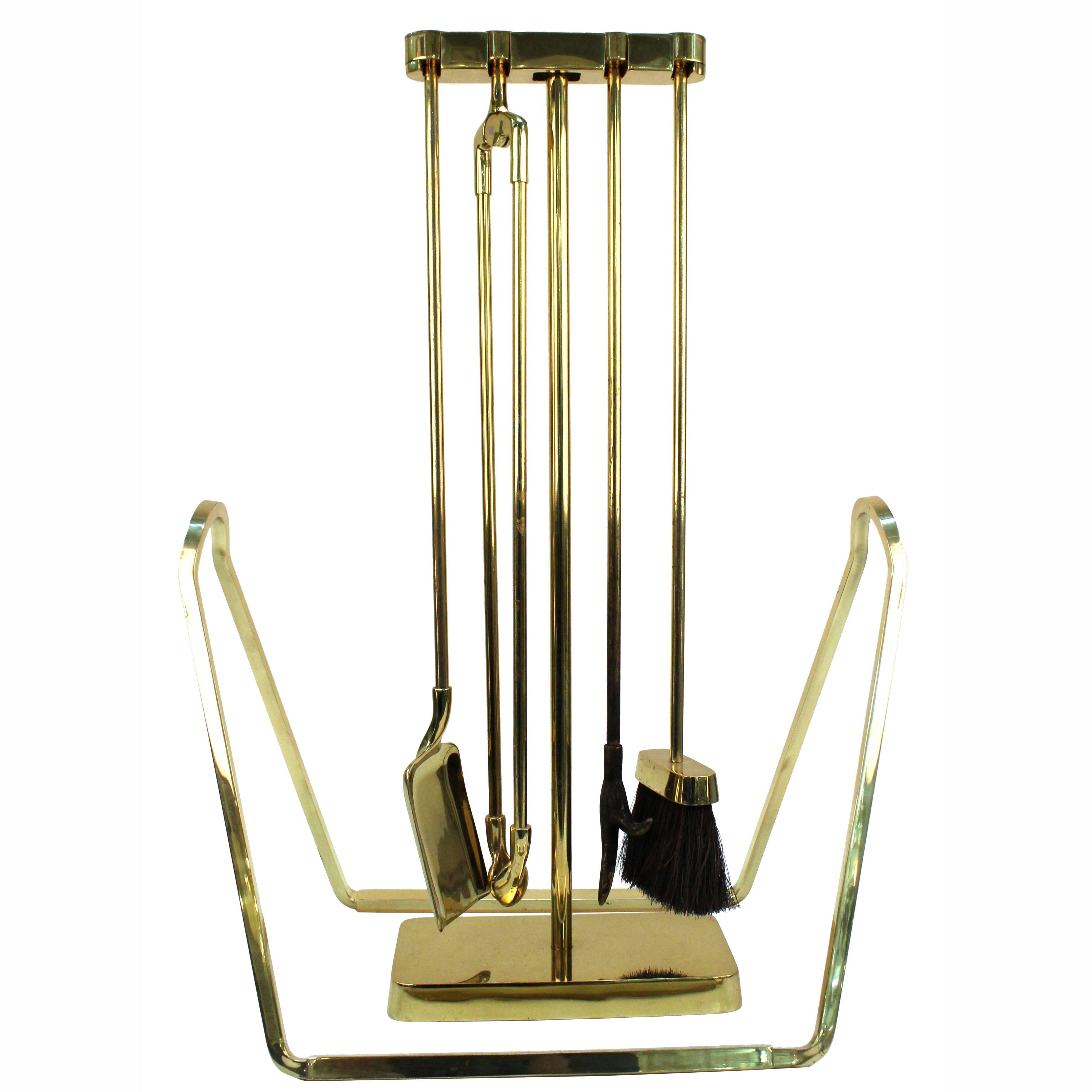 Virginia Metalcrafters Brass Fireplace Tools and Log Holder at 1stDibs