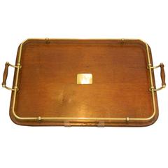 English Mahogany and Brass Two Handled Wood and Brass Serving Tray, 19th Century