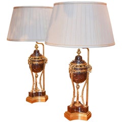 19th Century Pair of French Marble and Bronze Lamps