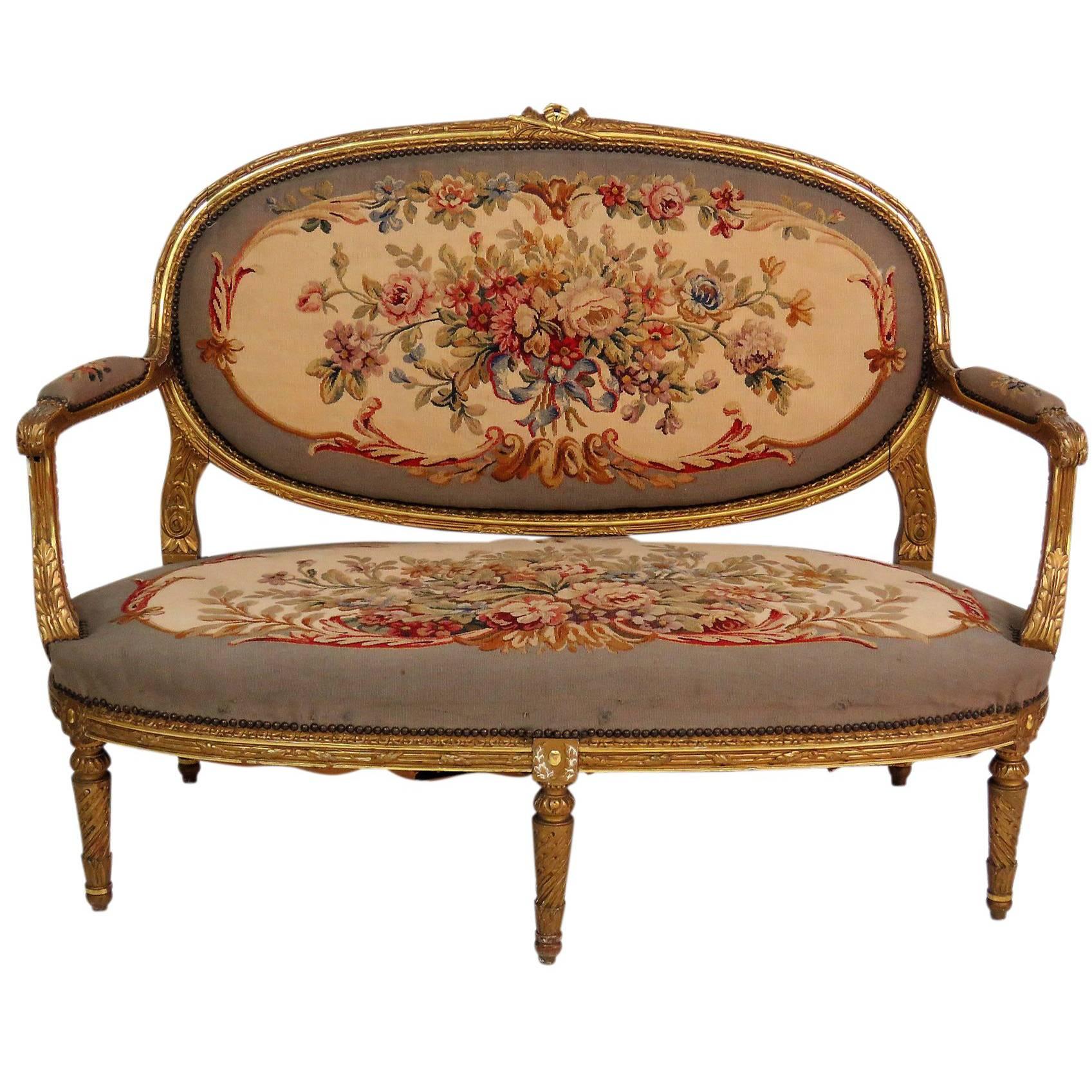 Antique French Louis XVI Style Gilt Carved Aubusson Upholstered Sofa Settee