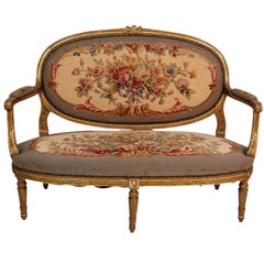 Antique French Louis XVI Style Gilt Carved Aubusson Upholstered Sofa Settee