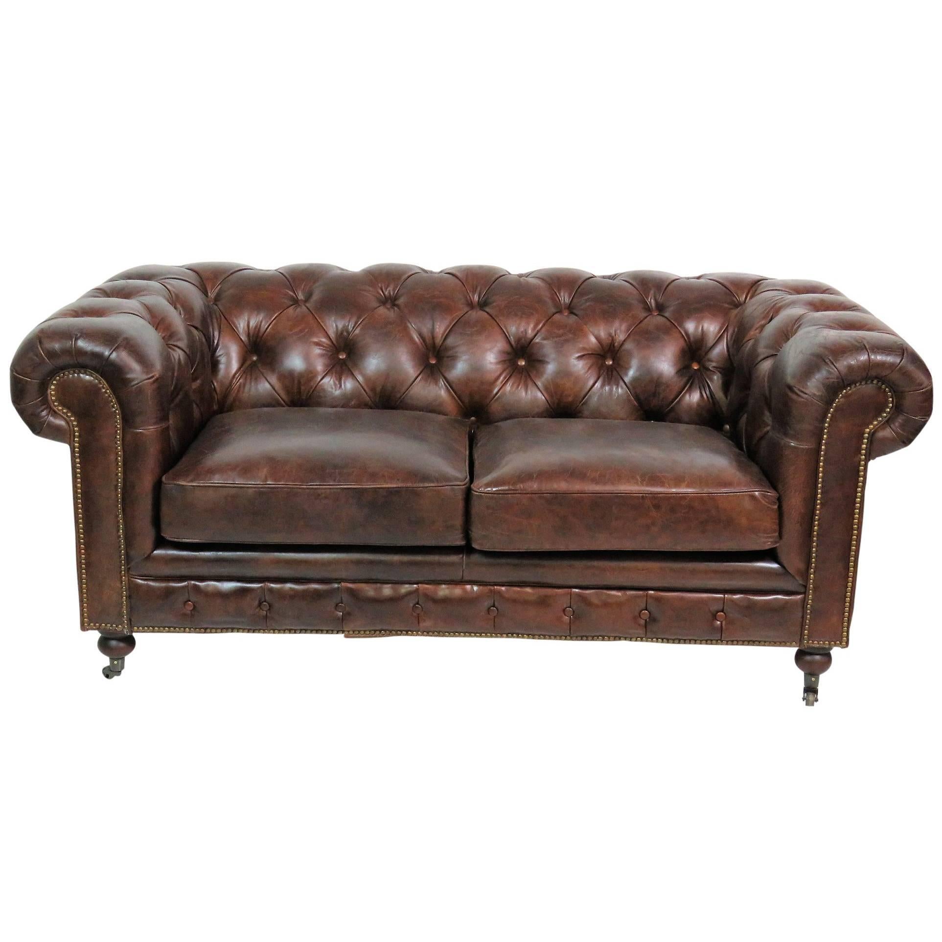 Georgian Style Brown Leather Tufted Chesterfield Sofa
