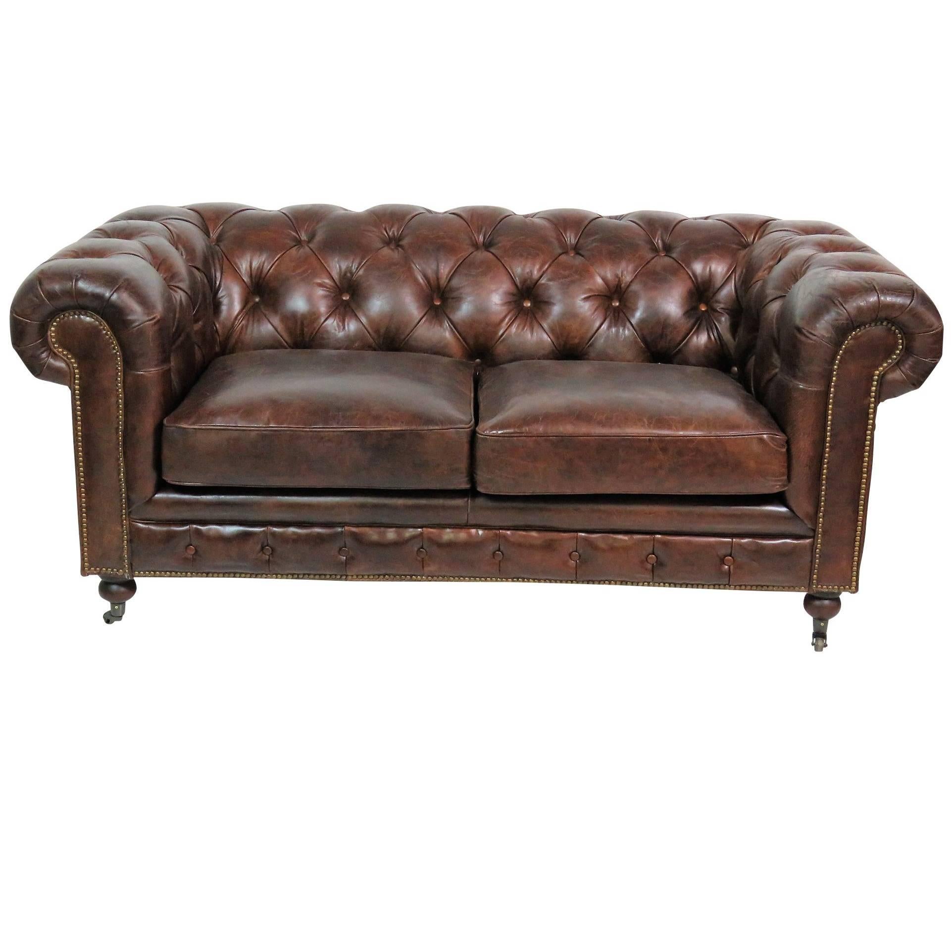 Georgian Style Distressed Leather Tufted Sofa