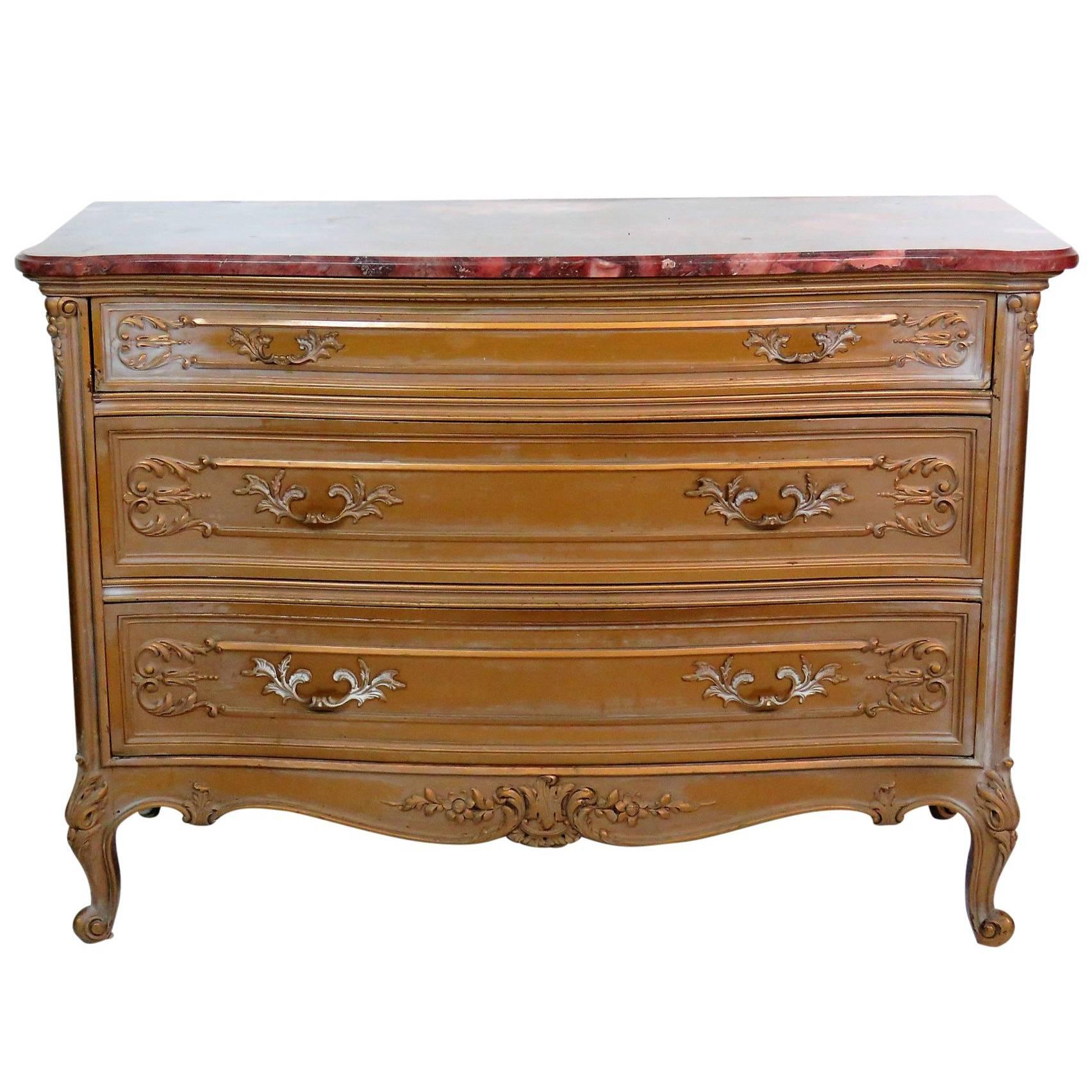 French Style Gilt Carved Marble-Top Commode