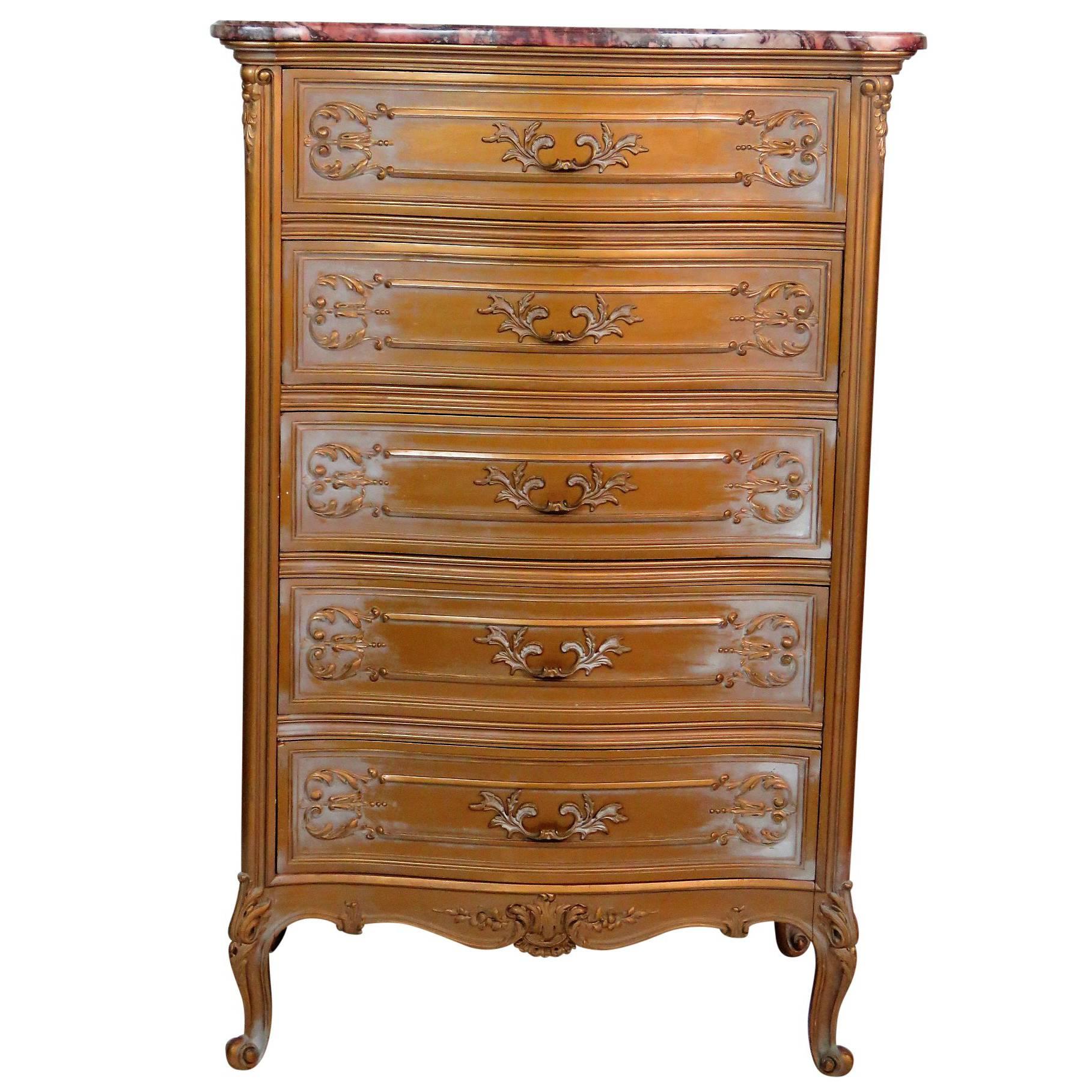 French Style Gilt Carved Marble-Top High Chest