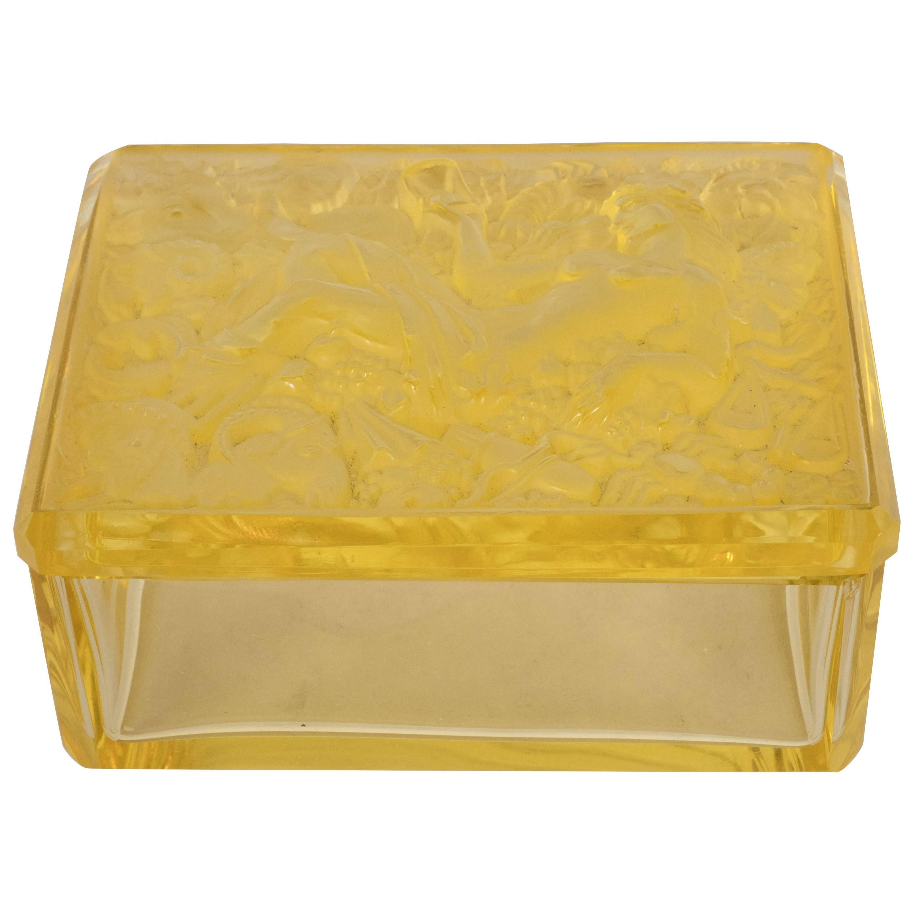 French Art Deco Citrine Glass Box with Raised Zodiac Motifs
