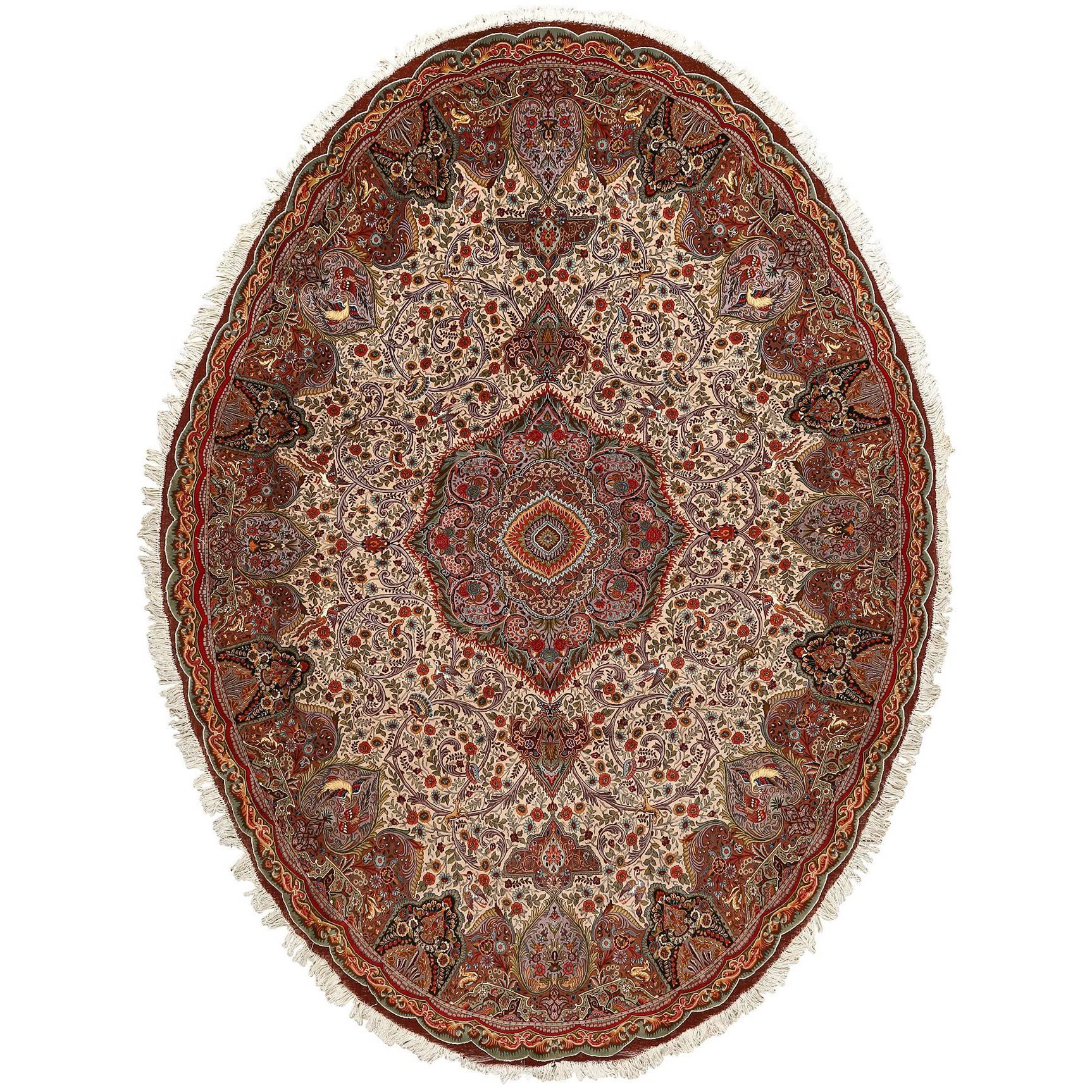 Oval Animal Motif Vintage Tabriz Persian Rug. Size: 9 ft 9 in x 13 ft 3 in  For Sale