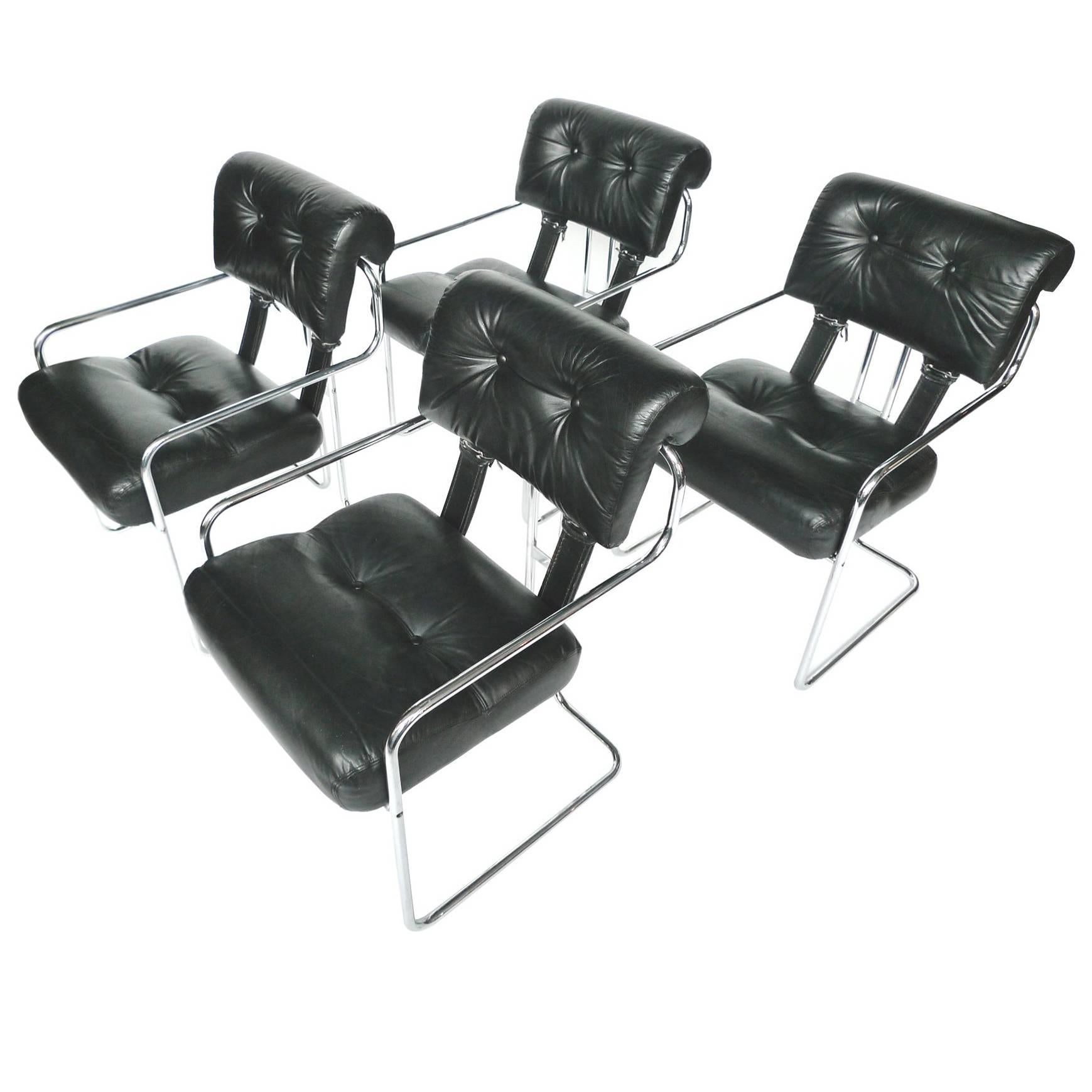 Set of Four Tucroma Black Leather and Chrome Dining Chairs