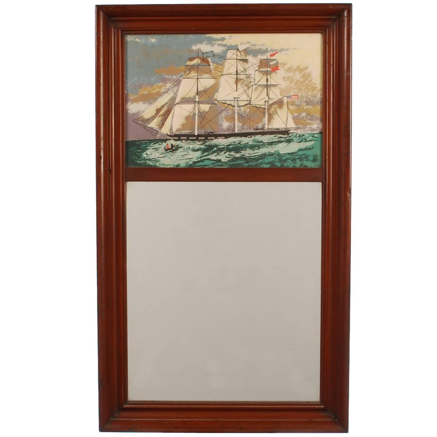 Trumeau Wall Mirror with Tall Ship Painting by Margo Alexander For Sale