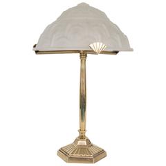 Exquisite Art Deco Lamp in Gilded Bronze & Frosted Glass with Geometric Designs