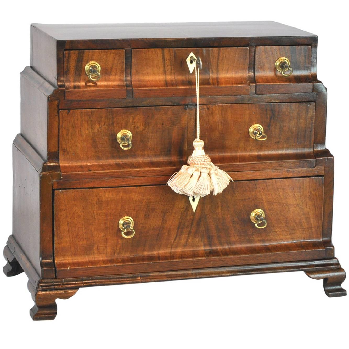 Unusual 18th Ct. Walnut Chippendale English Miniature Chest of Drawers