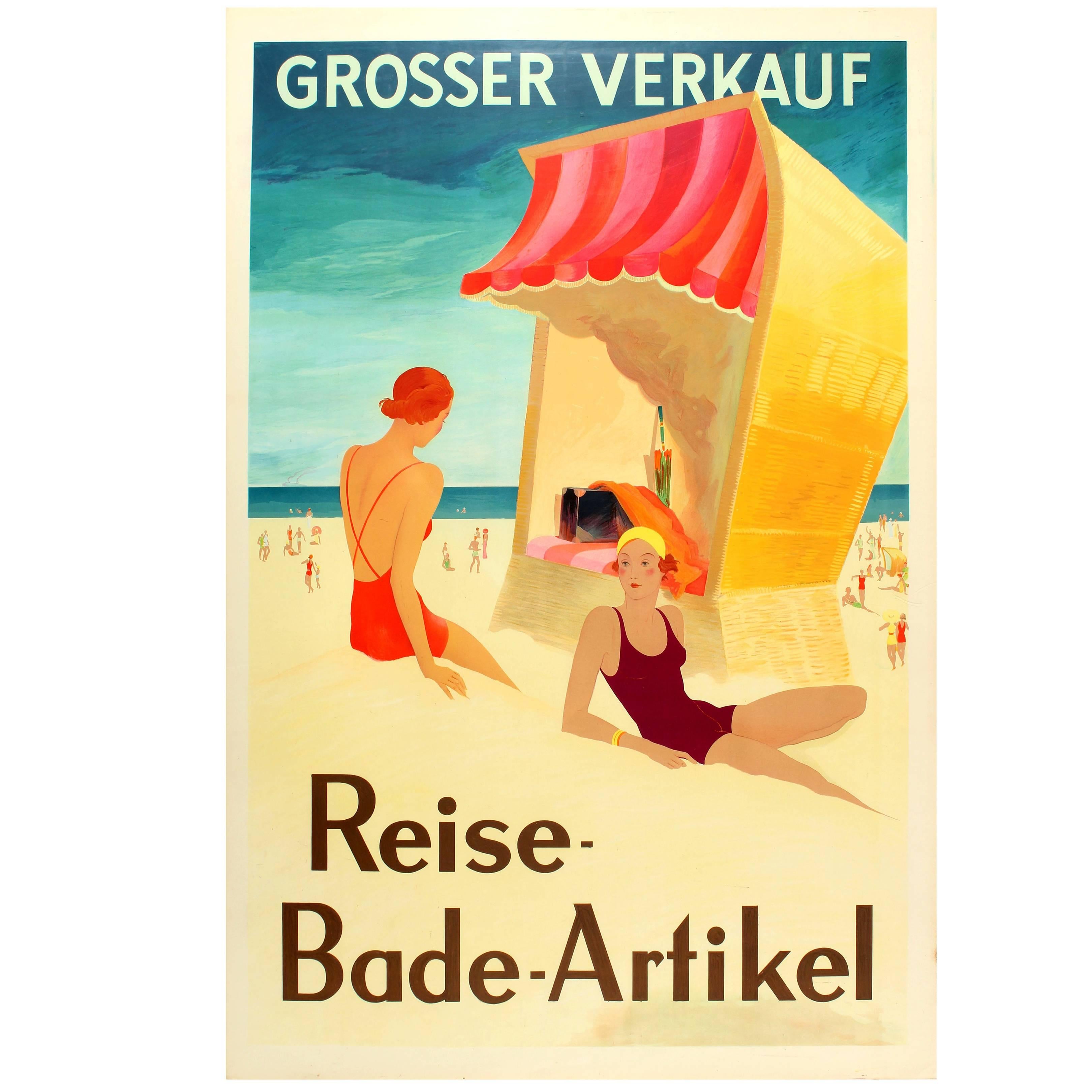 Original Art Deco Poster for a Big Sale of Holiday Travel & Swimming Accessories For Sale