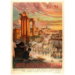 Original Antique Paris Lyon Mediterranee PLM Railway Travel Poster - Rome Italy