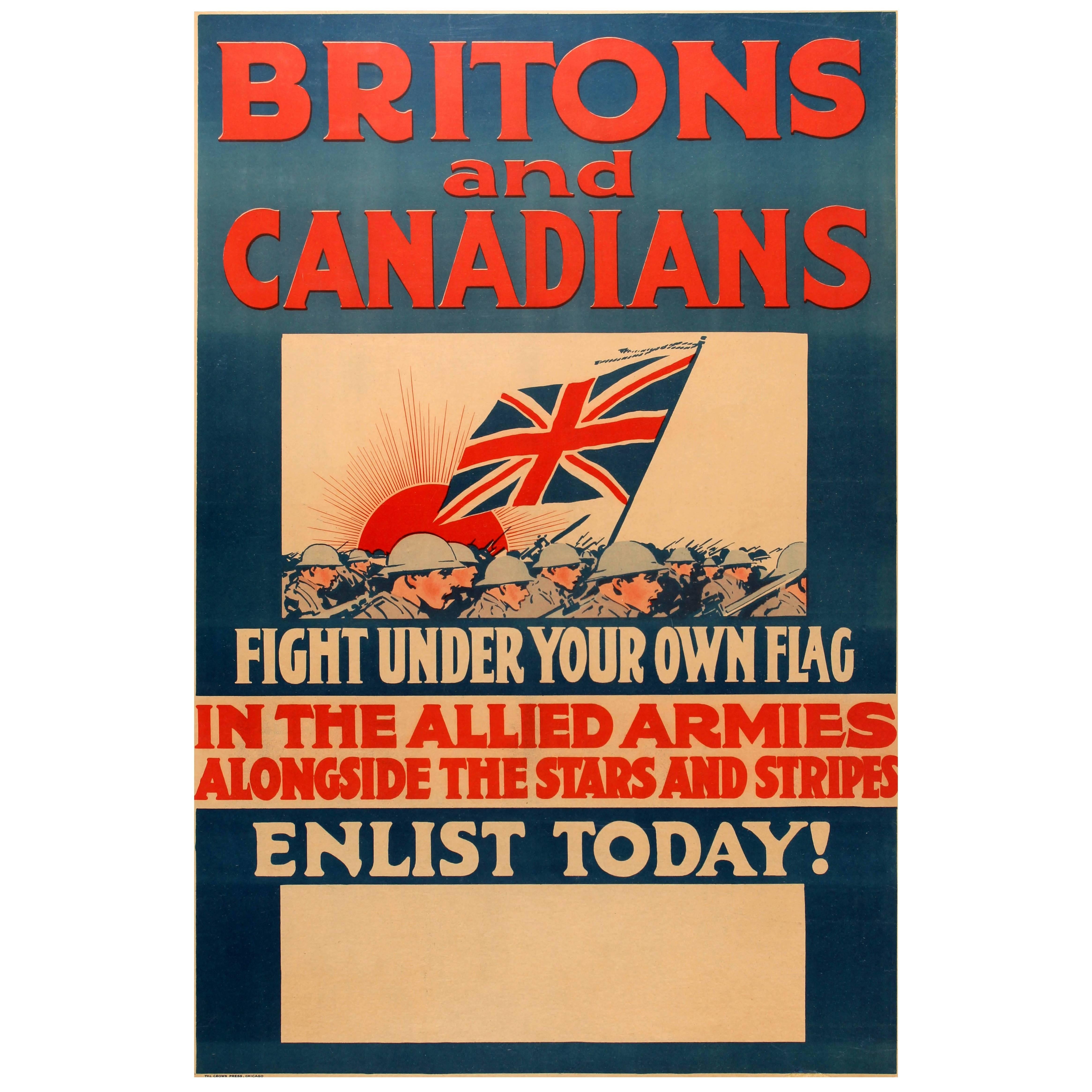 Affiche originale de la première guerre mondiale - Les Britons et les Canadiens combattent dans les armoiries alliées