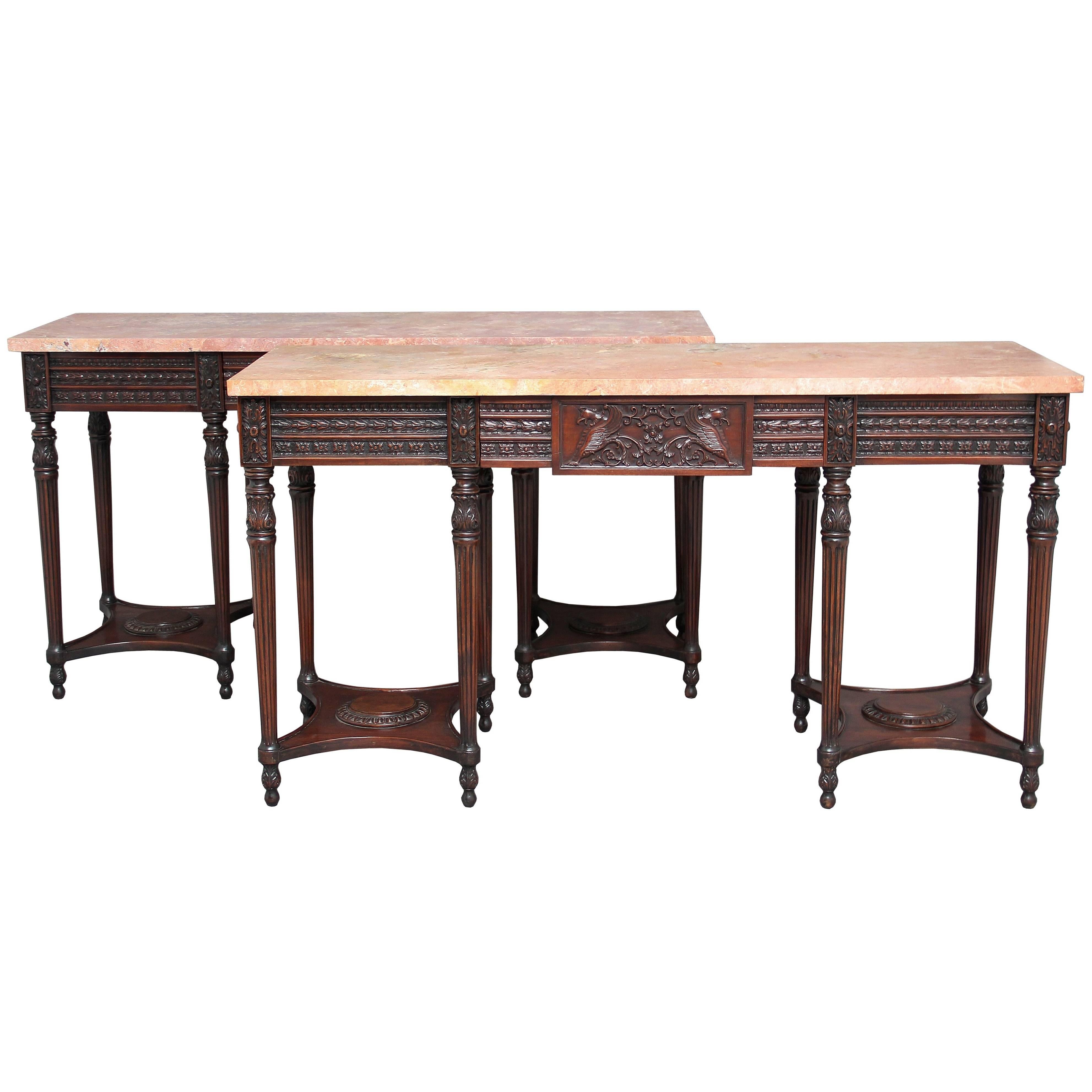 Pair of Early 20th Century Carved Mahogany Marble-Top Console Tables