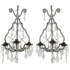 Pair of Italian Beaded Crystal Three-Light Sconces Dating Back to 19th Century 2