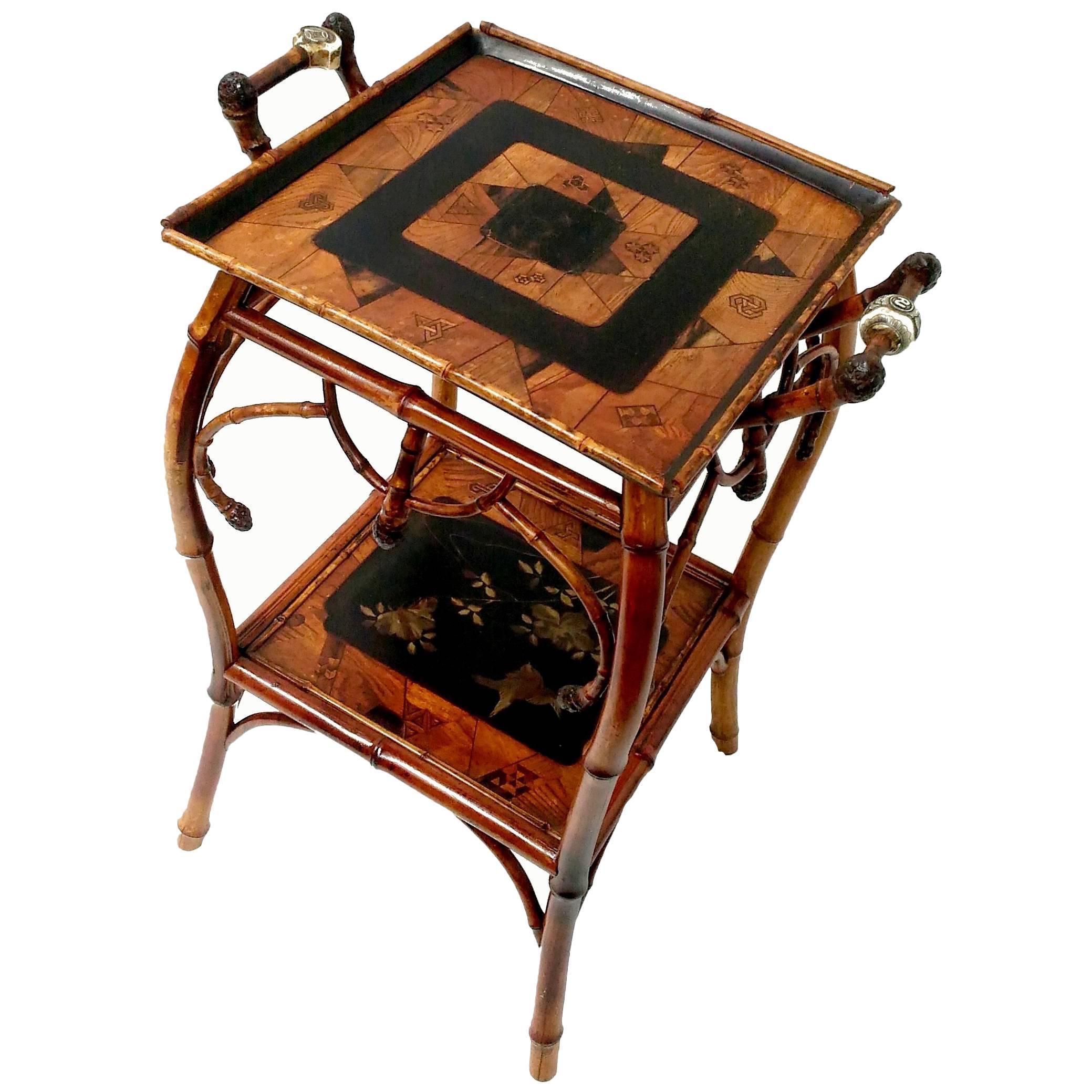 Perret & Vibert, Bamboo and Marquetry Table, End of 19th Century