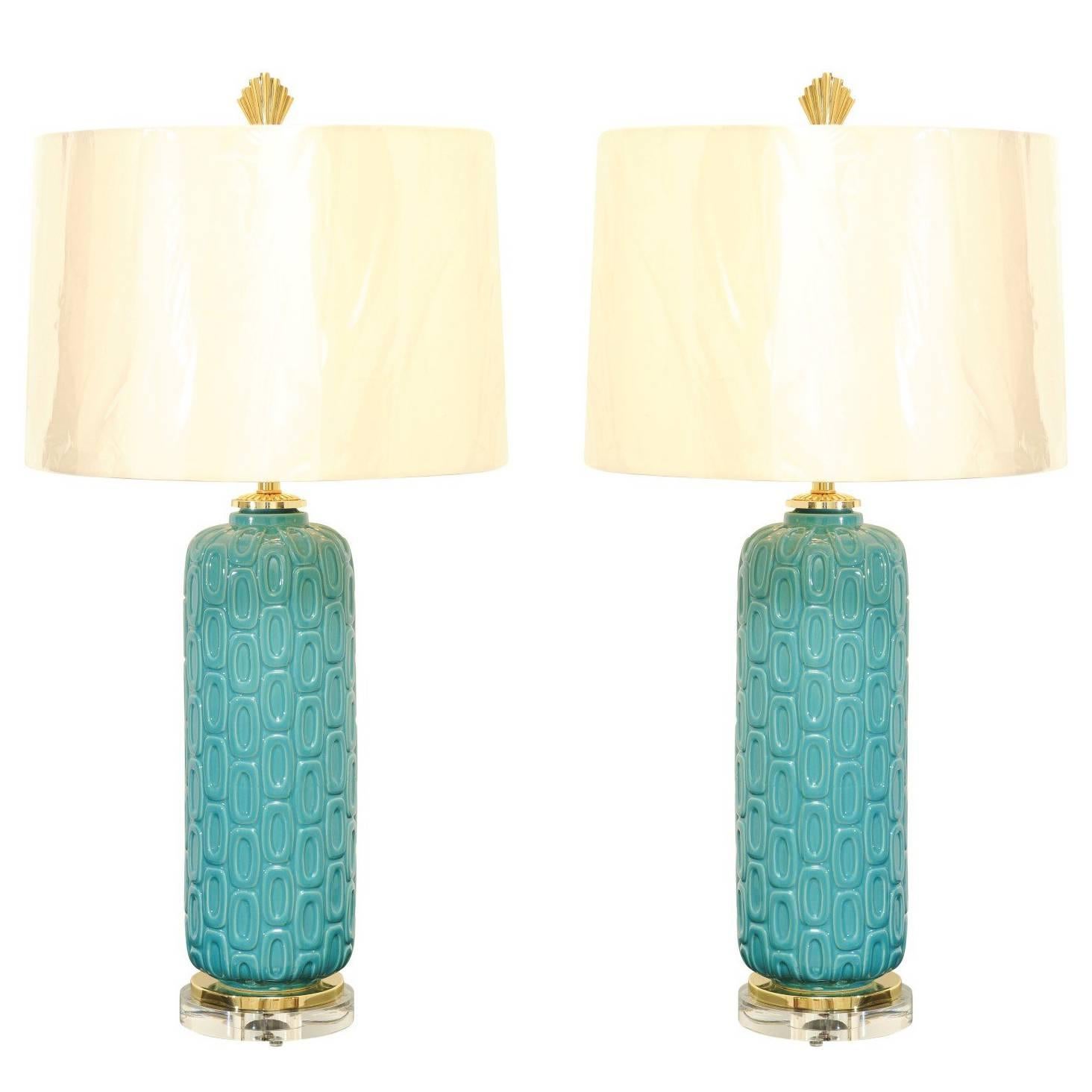 Stellar Restored Pair of Turquoise Ceramic Lamps with Brass and Lucite Accents