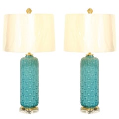 Stellar Restored Pair of Turquoise Ceramic Lamps with Brass and Lucite Accents