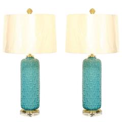 Stunning Pair of Turquoise Ceramic Lamps with Brass and Lucite Accents 10