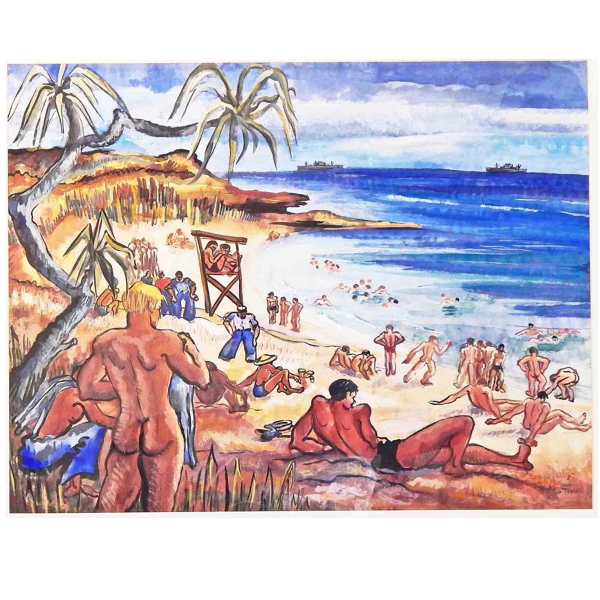 ""Nackte Matrosen auf Fiji, August 1945", lebhaftes Gemälde einer Strandszene aus dem Zweiten Weltkrieg