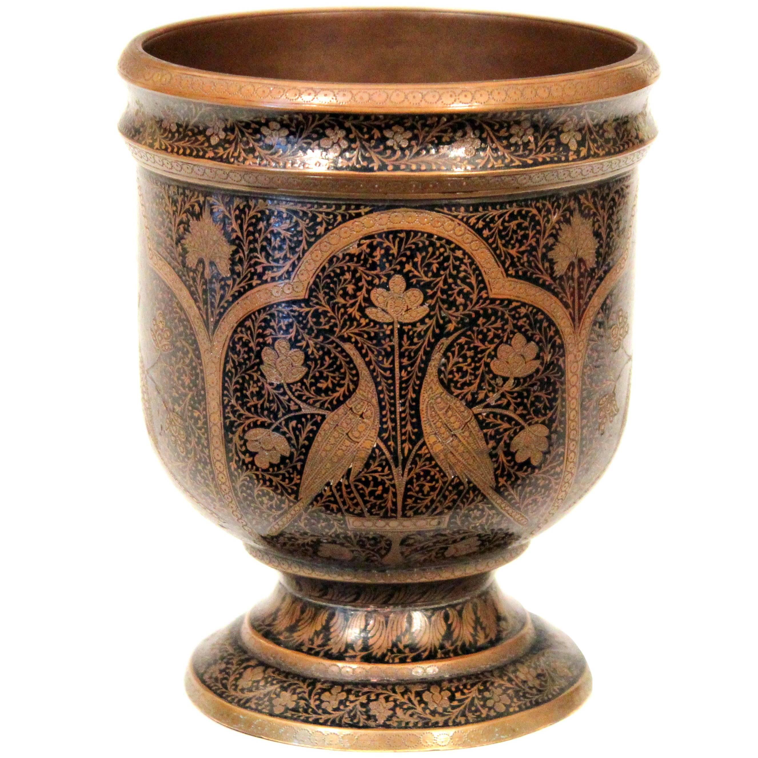Antique Indian Mughal Kashmir Copper Inlaid Engraved Bidri Cup Vase
