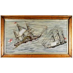 Sailor's Woolwork Woolie of Two Royal Navy Ships in Rough Seas, circa 1865-1875
