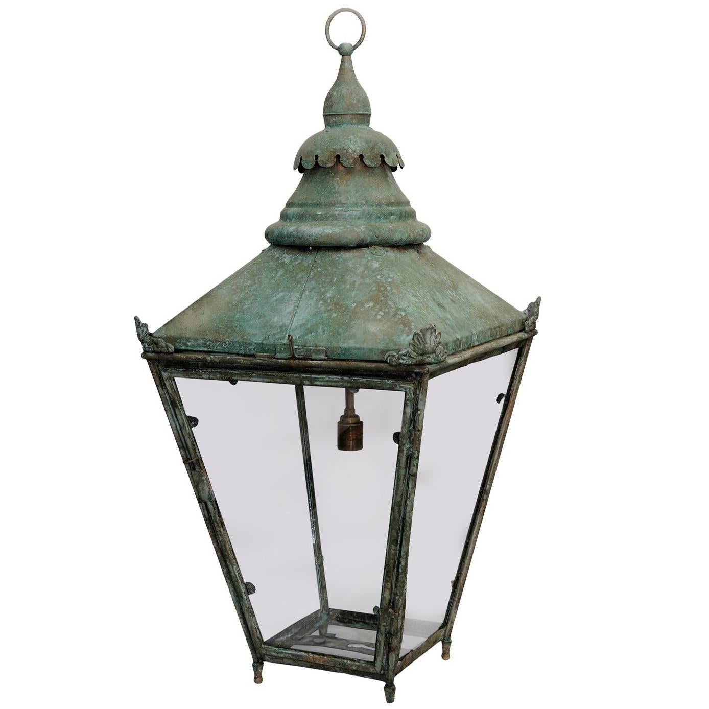 Large English 19th Century Verdigris Copper Hanging Lantern, circa 1860 For Sale